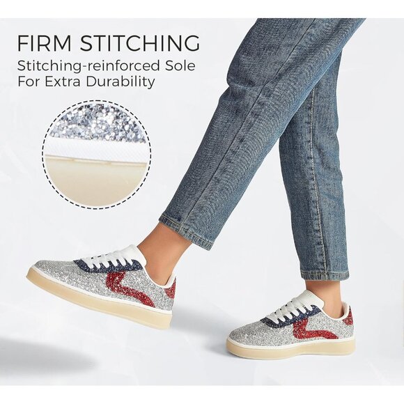 Lucky Step Women Silver Red Sparkly Bling Shiny Dressy Bedazzled Bridal Sneakers - Picture 6 of 9